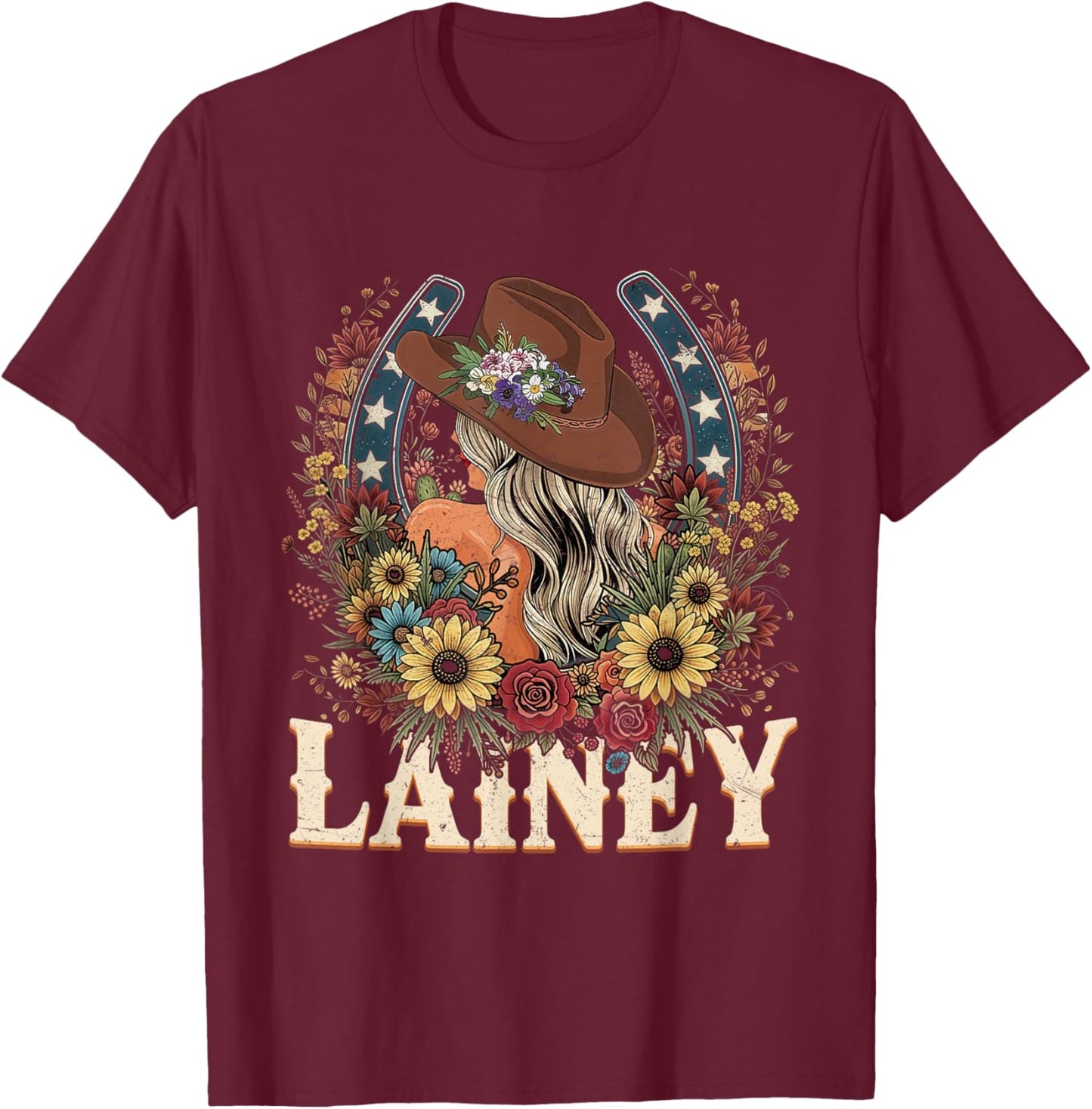 Retro Lainey Flowers Girl Personalized Name Cowgirl T-Shirt - T-Shirt | Maroon