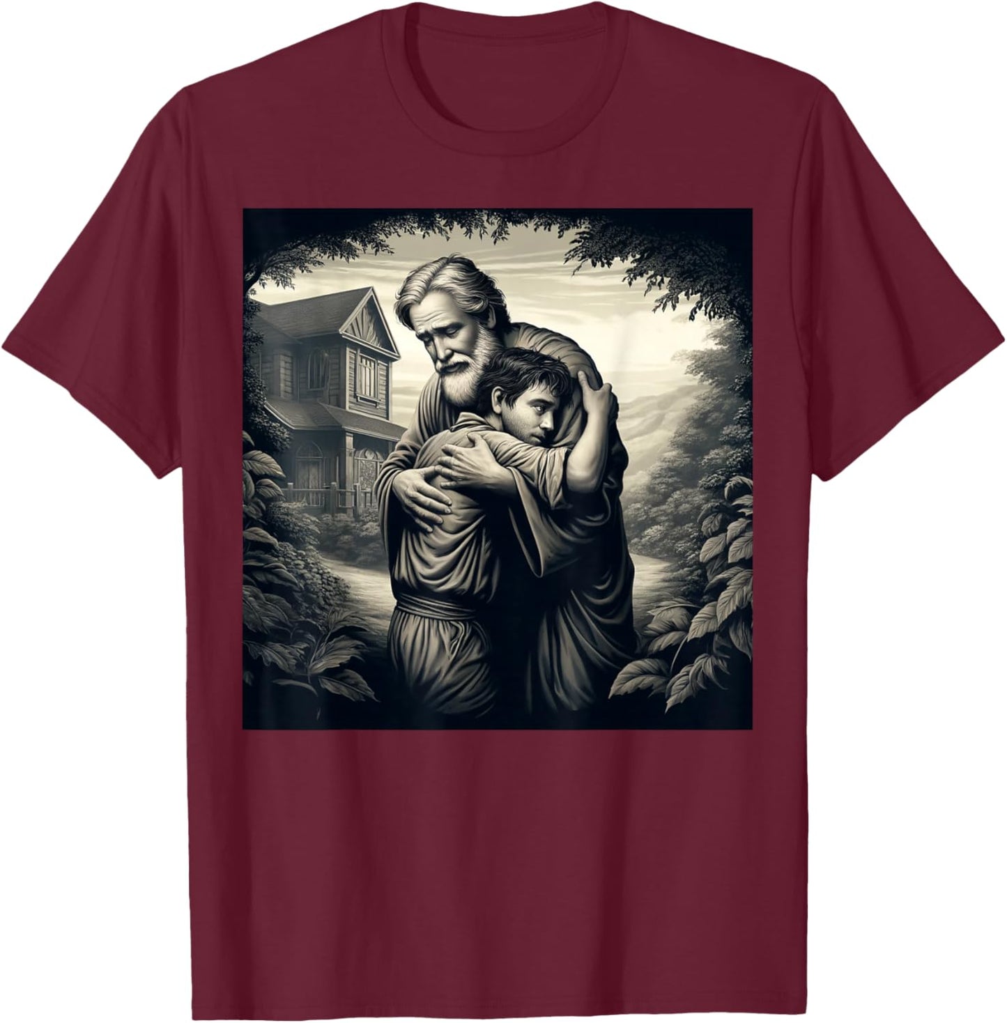 The Prodigal Son: father embracing his returned son: Luke 15 T-Shirt - T-Shirt | Maroon