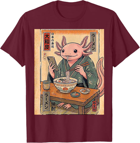 Funny Axolotl Eating Ramen Retro Japanese Gifts Men Women T-Shirt - T-Shirt | Maroon