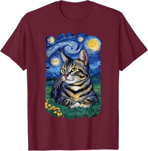 Van Gogh Cat Gifts Tabby Cat Owner Cat Lady T-Shirt - T-Shirt | Maroon