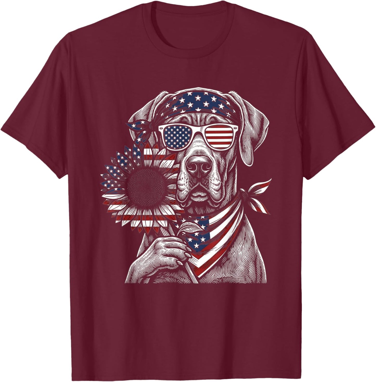 USA Flag Sunflower Great Dane T-Shirt - T-Shirt | Maroon