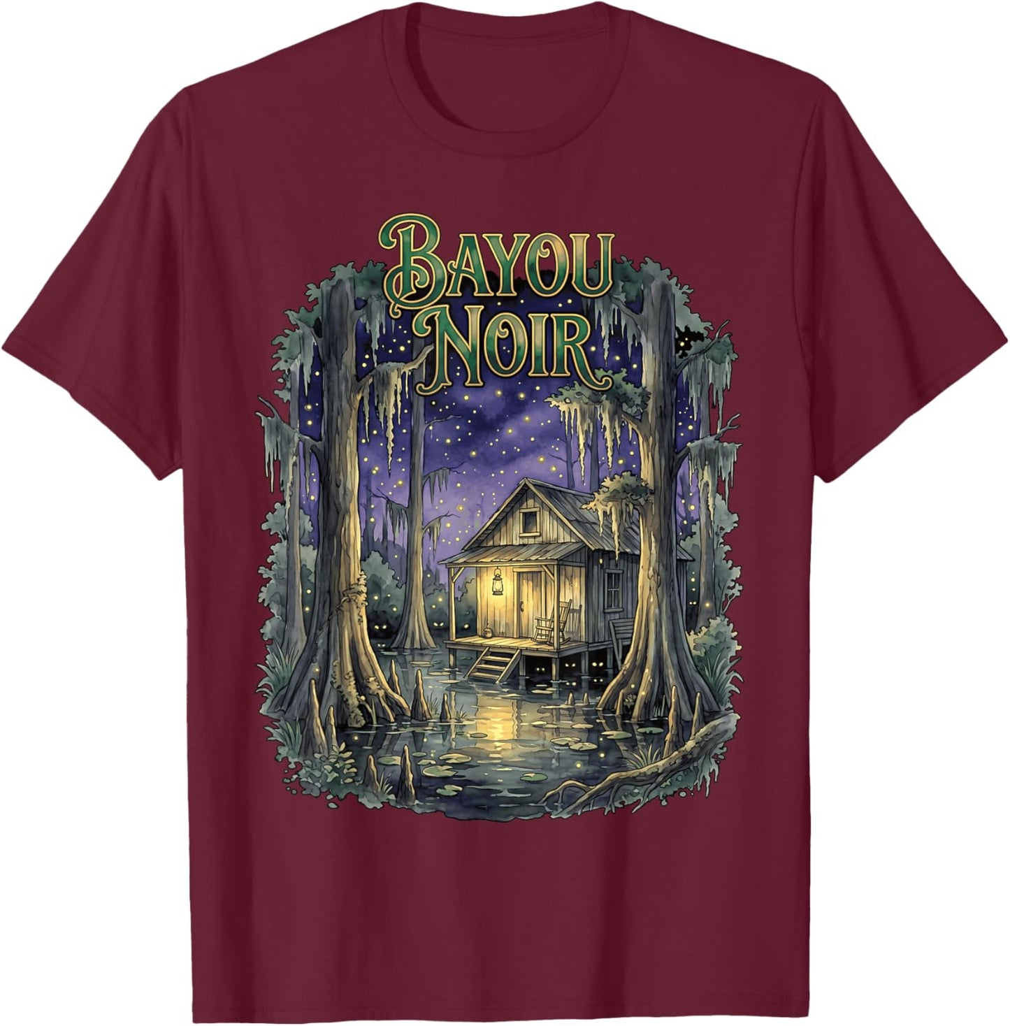 Bayou Noir Swamp Cabin Night Nature Scene Men Women Kids T-Shirt - T-Shirt | Maroon