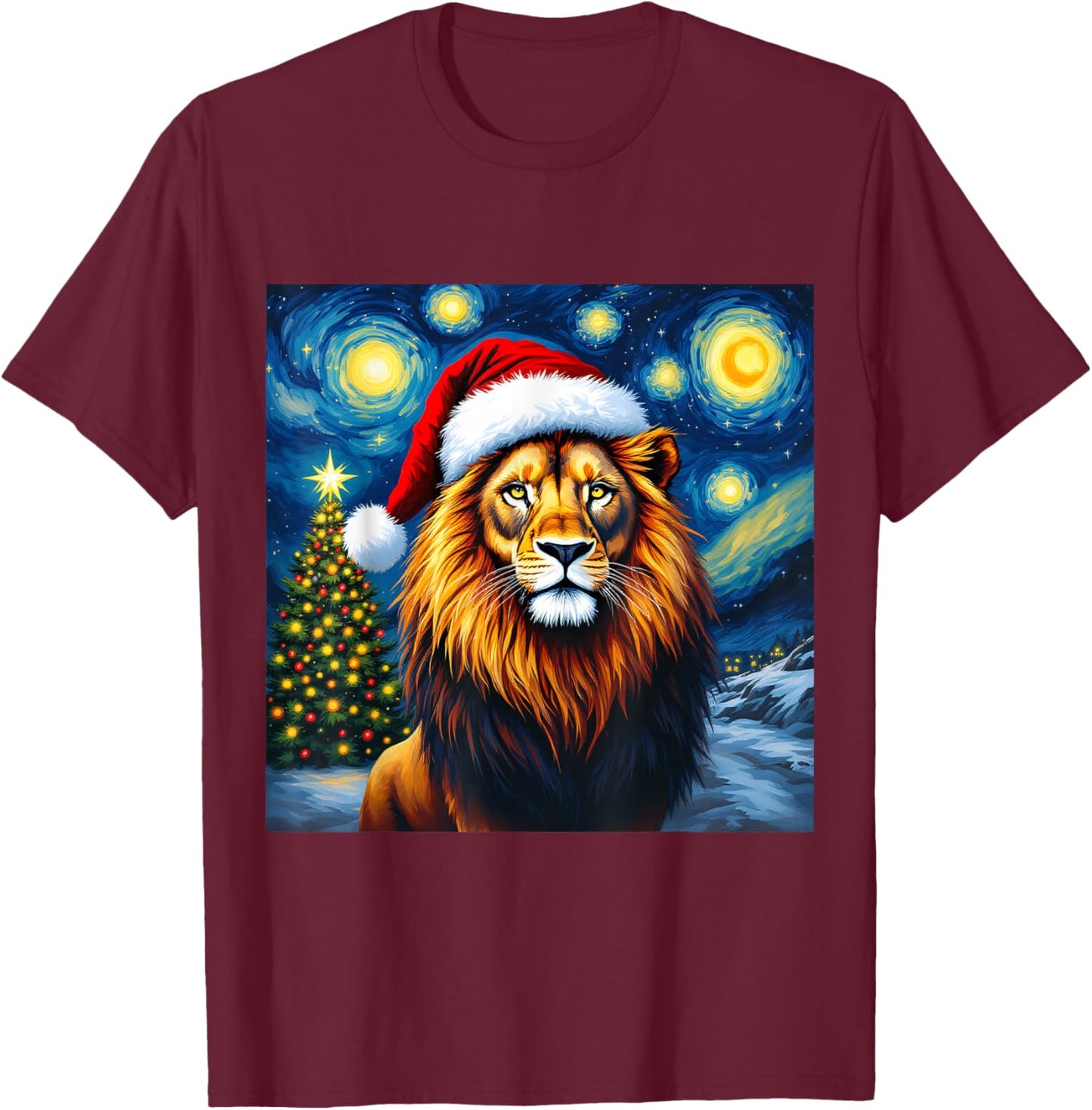 Christmas Lion Santa Hat Van Gogh Starry Night Holiday T-Shirt - T-Shirt | Maroon