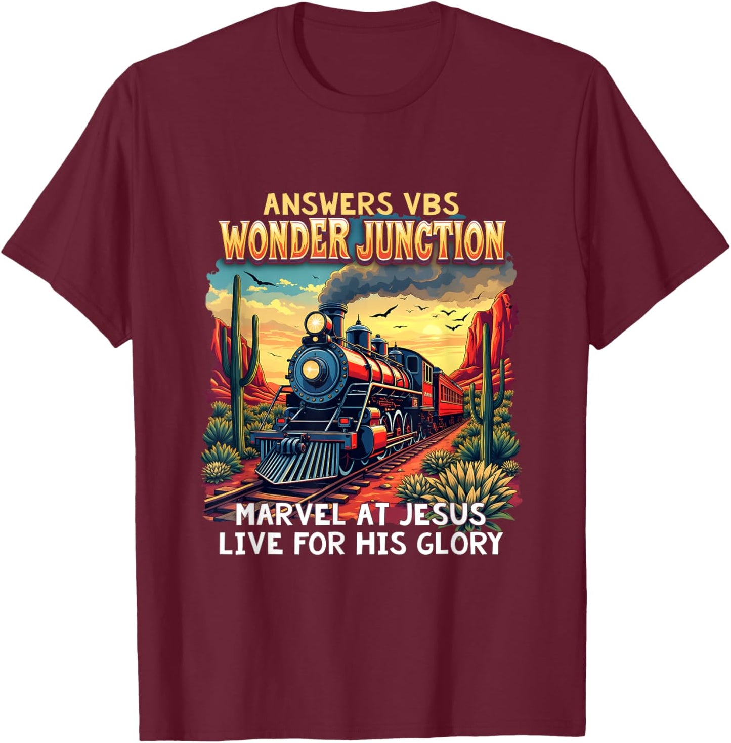 Christian Camp VBS 2025 Wonder His Glory Junction Train T-Shirt - T-Shirt | Maroon