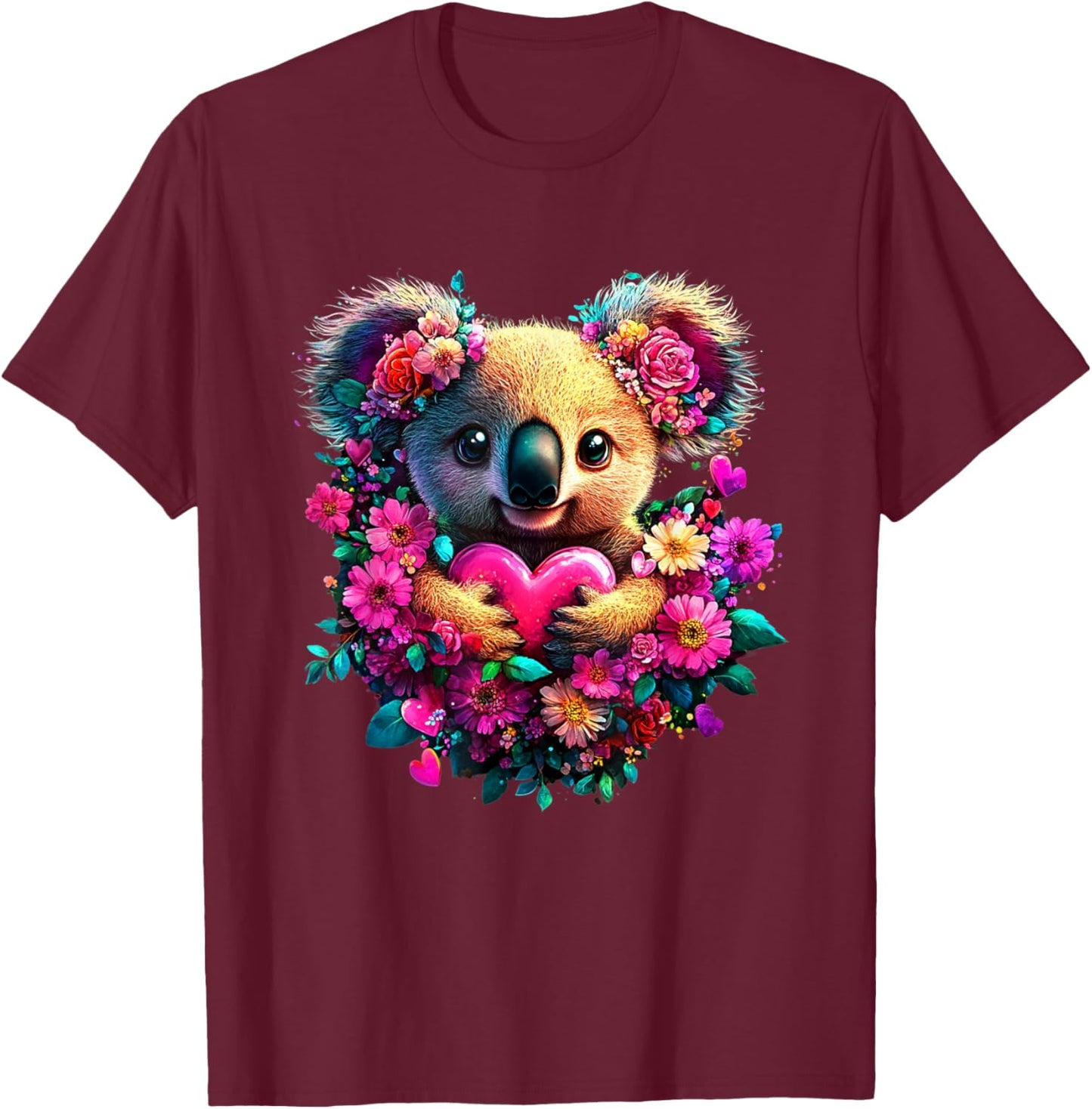 Koala Hearts and Flowers Graphic Valentines Day T-Shirt - T-Shirt | Maroon