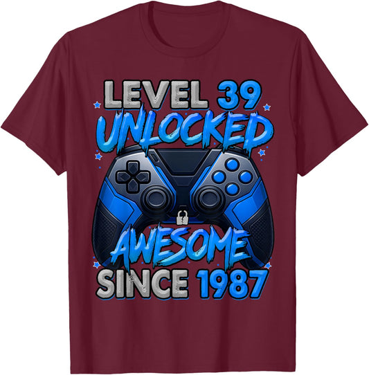 Level 39 Unlocked Awesome Since 1987 39th Birthday Gaming T-Shirt - T-Shirt | Maroon