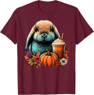 Holland Lop Rabbit Pumpkin Spice Latte Lovers Bunny Autumn T-Shirt - T-Shirt | Maroon