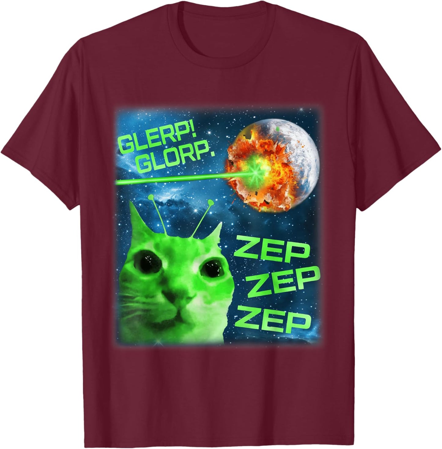 Glerp Glorp Funny Alien Cat Brainrot Meme T-Shirt - T-Shirt | Maroon