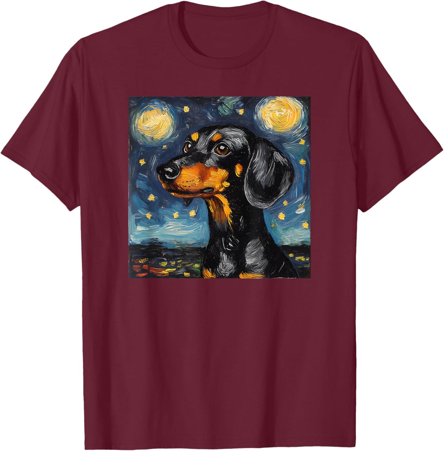 Cute Black and Tan Dachshund Starry Night Dog Art T-Shirt - T-Shirt | Maroon