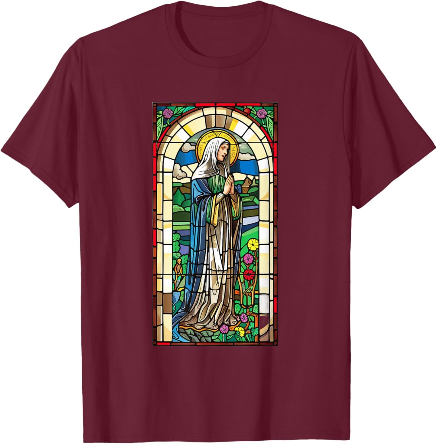 Saint Brigid Of Kildare Stained Glass Window T-Shirt - T-Shirt | Maroon