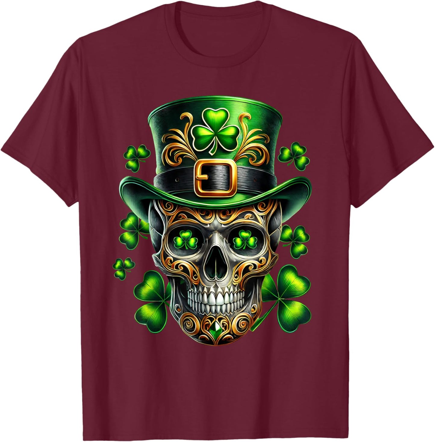 Men Irish Skull Shamrock Leprechaun Ireland St Patricks Day T-Shirt - T-Shirt | Maroon