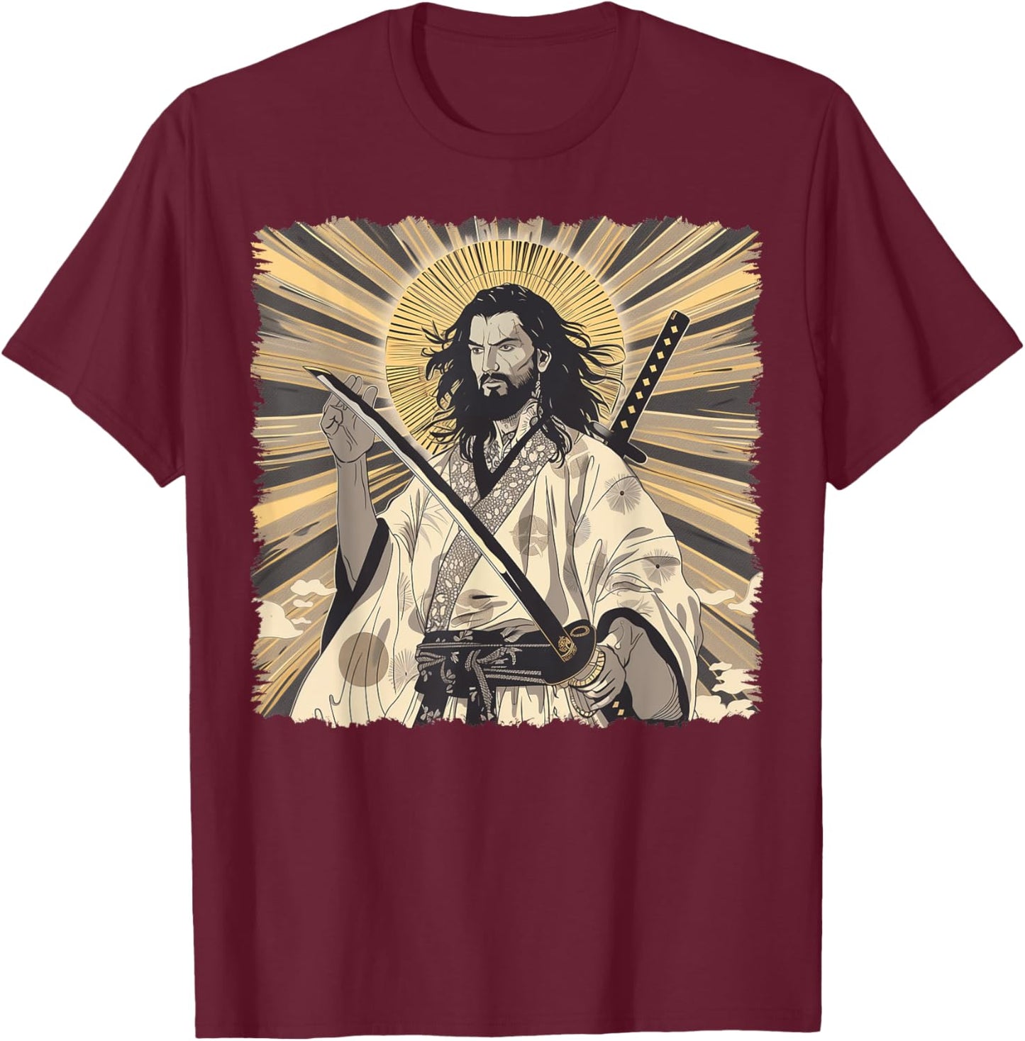 Jesus Christian Religious Japanese Art Samurai T-Shirt - T-Shirt | Maroon