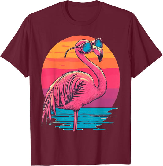 Retro Flamingo Sunglasses Sunset Style Vintage T-Shirt - T-Shirt | Maroon