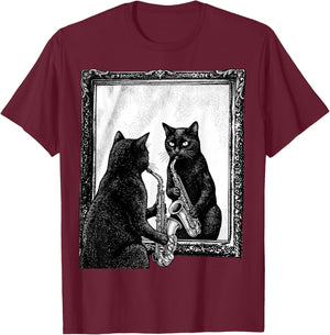Cat Playing Saxophone Music Saxophonist Funny Musician Lover T-Shirt - T-Shirt | Maroon