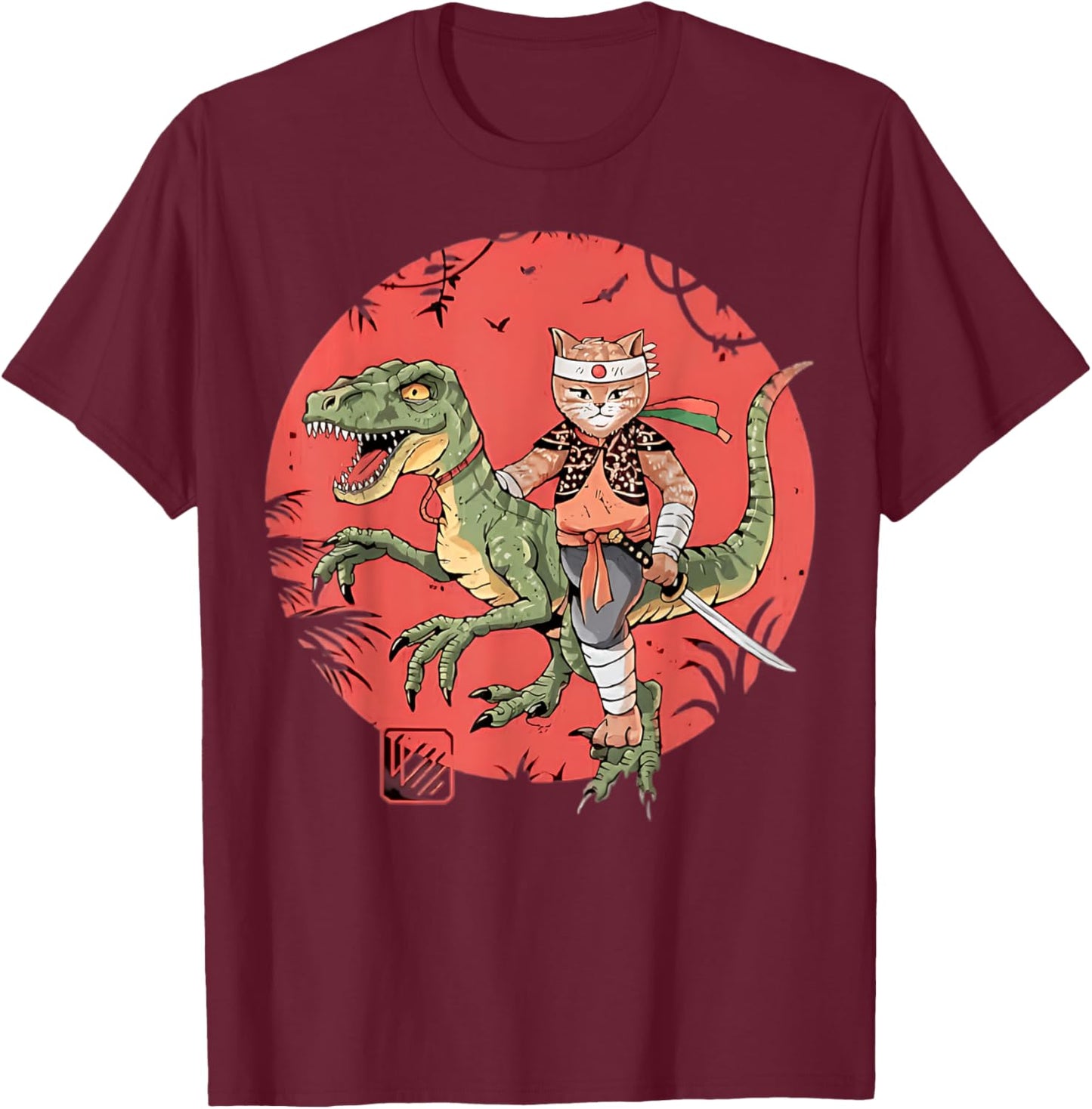 Samurai Cat Dinosaur Japanese Art Ukiyo-e Graphic T-Shirt - T-Shirt | Maroon