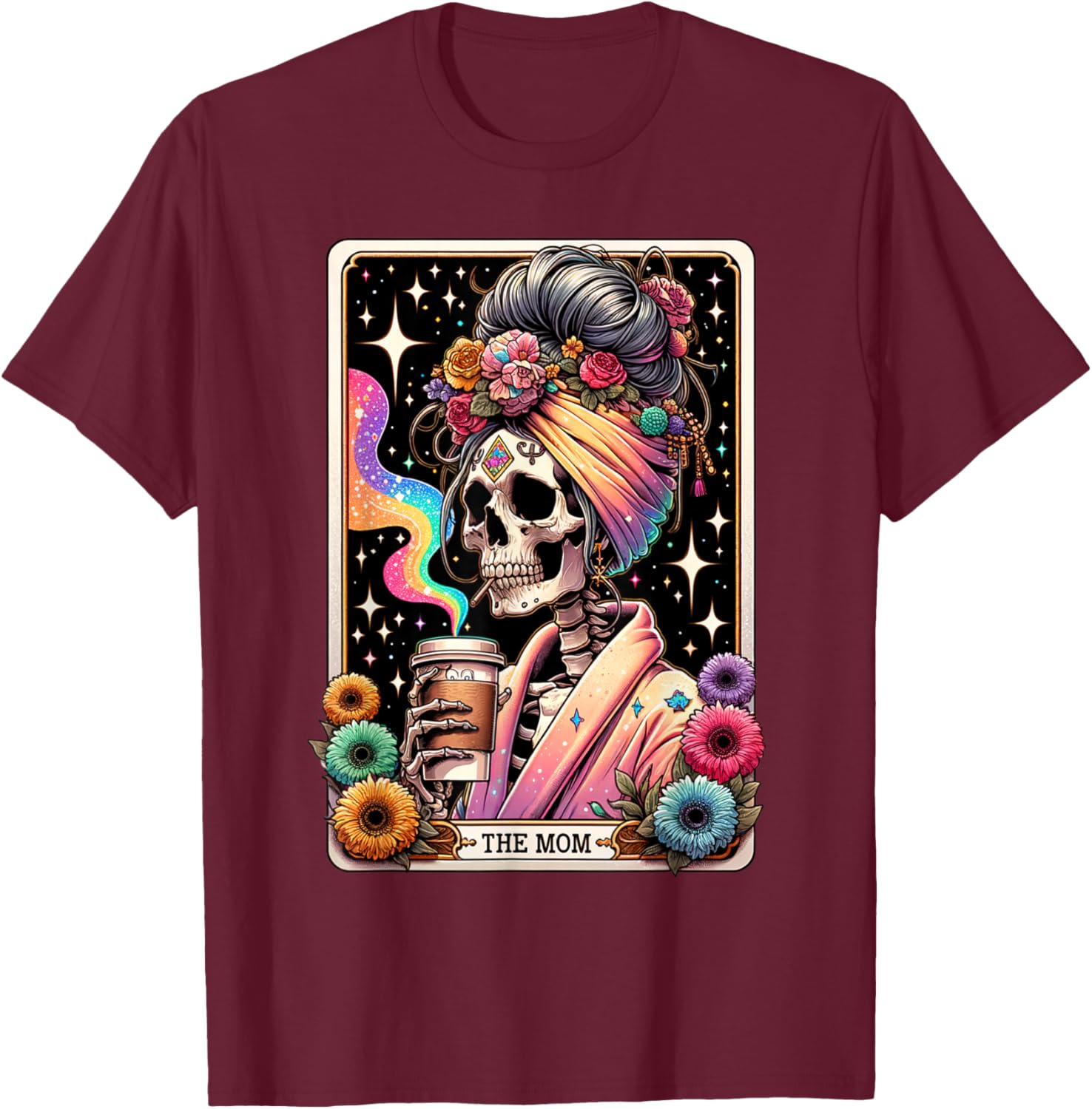 The Mom Funny Tarot Card Women Messy Bun Coffee Mommy Mama T-Shirt - T-Shirt | Maroon