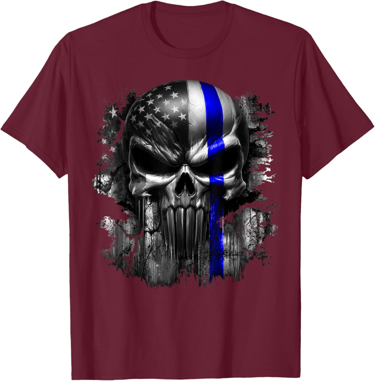 USA American Skull Patriotic Flag Blue Line Grunge Graphic Women Men T-Shirt - T-Shirt | Maroon