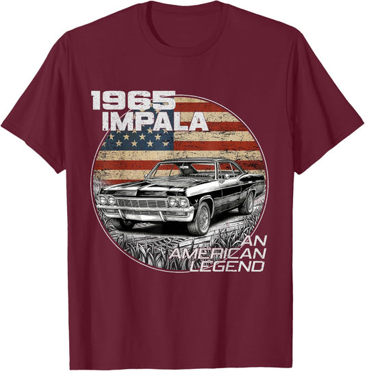 American Flag 1965 65 Impala Old School Muscle Car T-Shirt - T-Shirt | Maroon