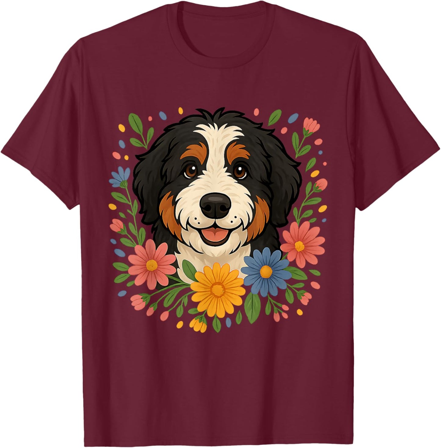 Floral Bernedoodle Colorful Spring Flowers Wildflowers T-Shirt - T-Shirt | Maroon