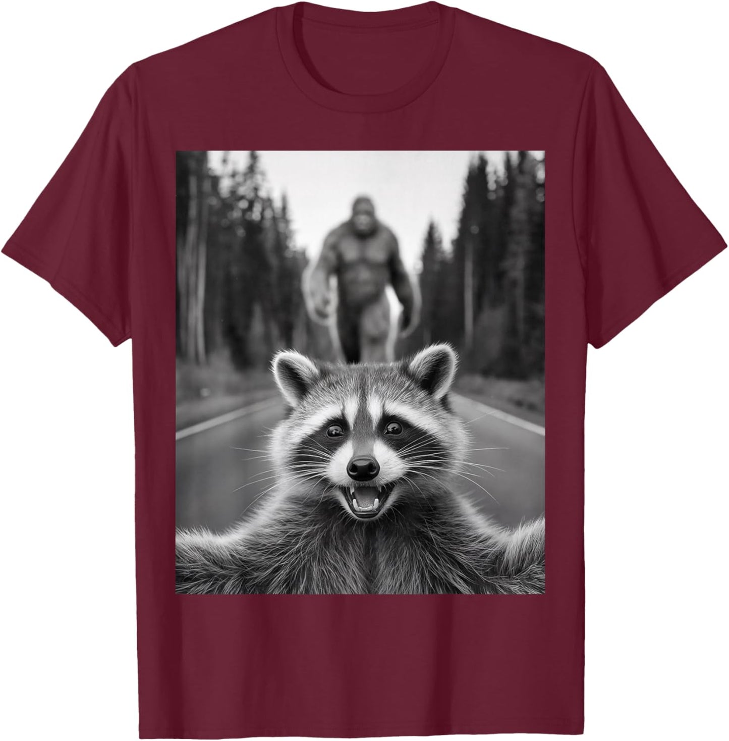 Scared Raccoon Selfie With Sasquatch Bigfoot , Funny Raccoon T-Shirt - T-Shirt | Maroon