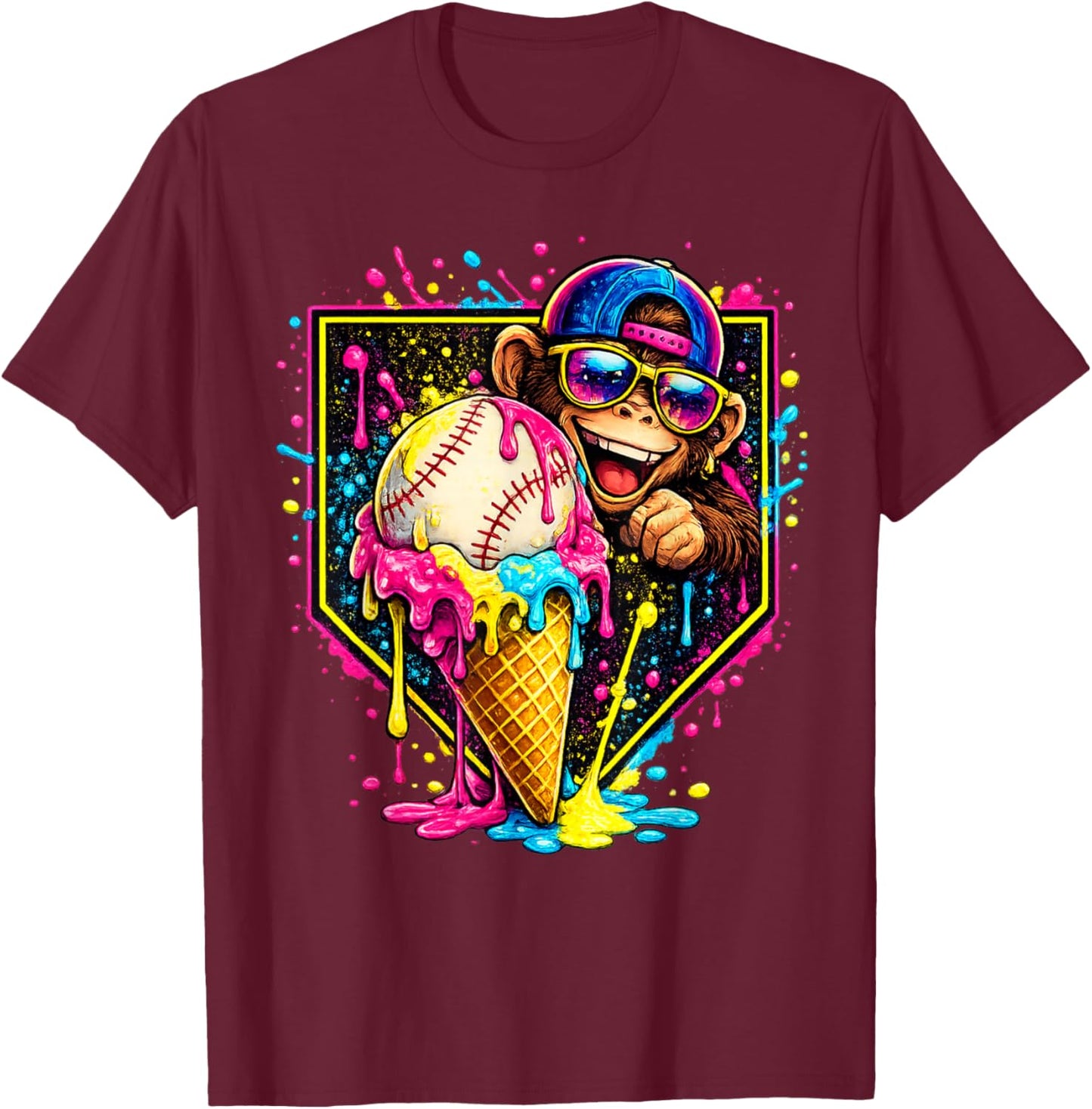 Monkey Funny Animals Baseball Ice Cream Drip Cool T-Shirt - T-Shirt | Maroon