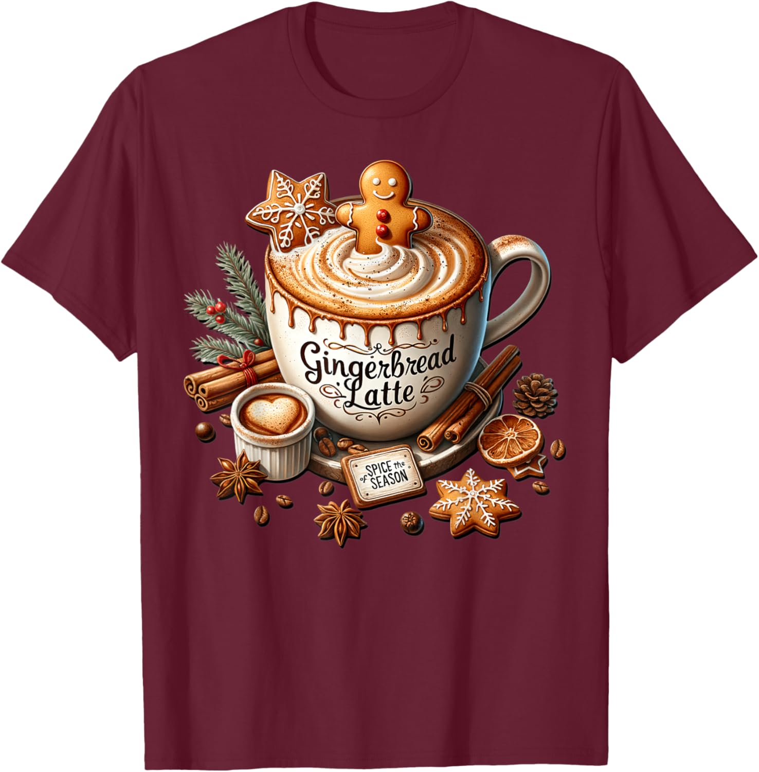 Gingerbread Latte Graphic Christmas Coffee Mug T-Shirt - T-Shirt | Maroon