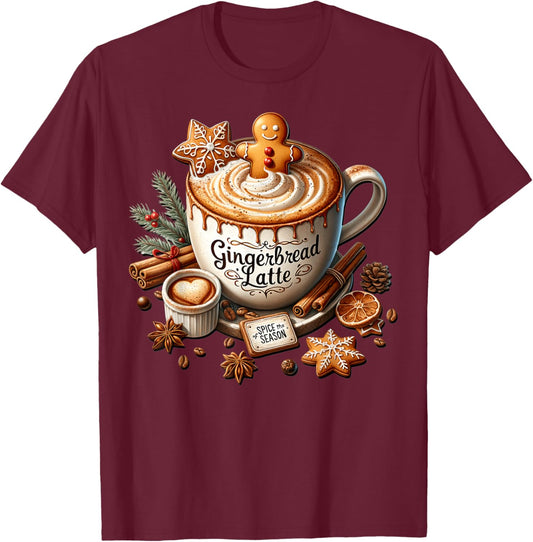 Gingerbread Latte Graphic Christmas Coffee Mug T-Shirt - T-Shirt | Maroon