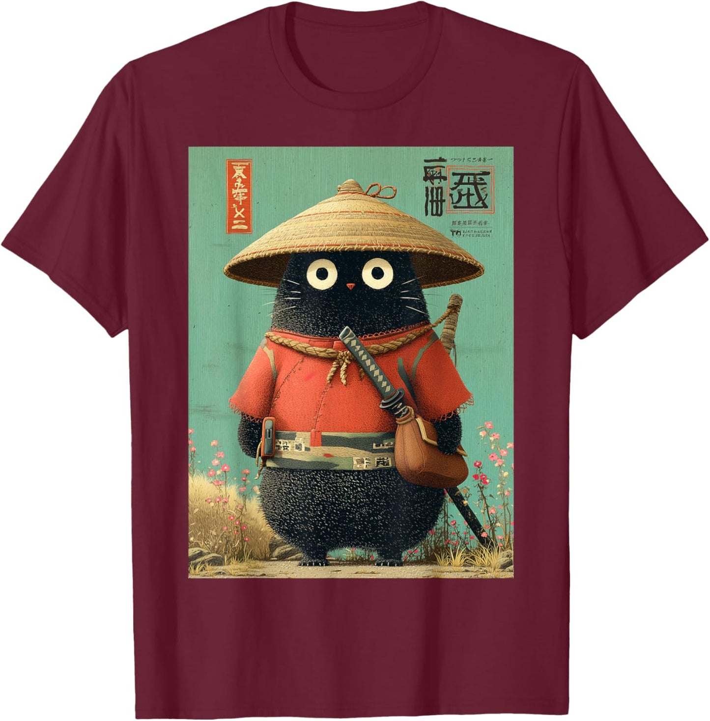 Chat Japonais Vintage Samouraï Sumi-e Traveler Warrior Anime T-Shirt - T-Shirt | Maroon