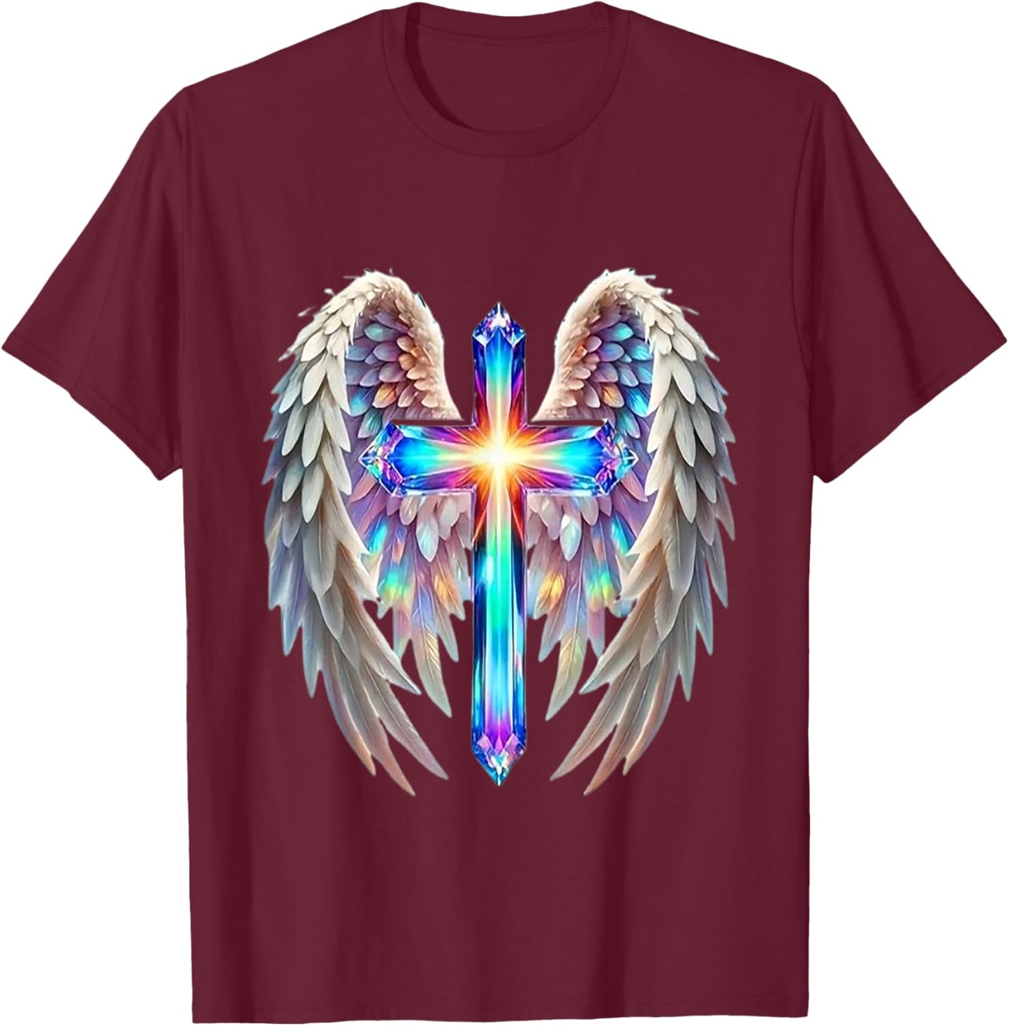 Christian Cross with Angle Wings T-Shirt - T-Shirt | Maroon