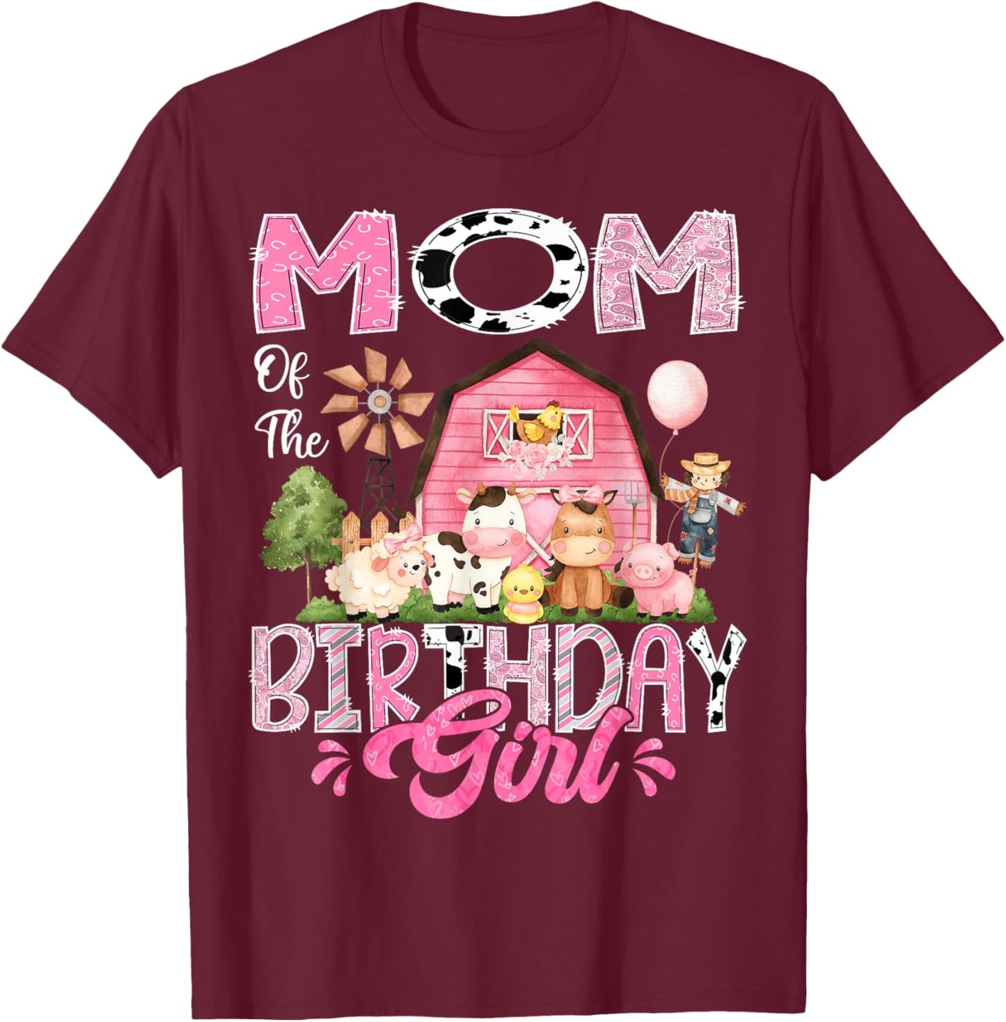 Mom Of The Birthday Girl Pink Farm Cow First Birthday T-Shirt - T-Shirt | Maroon