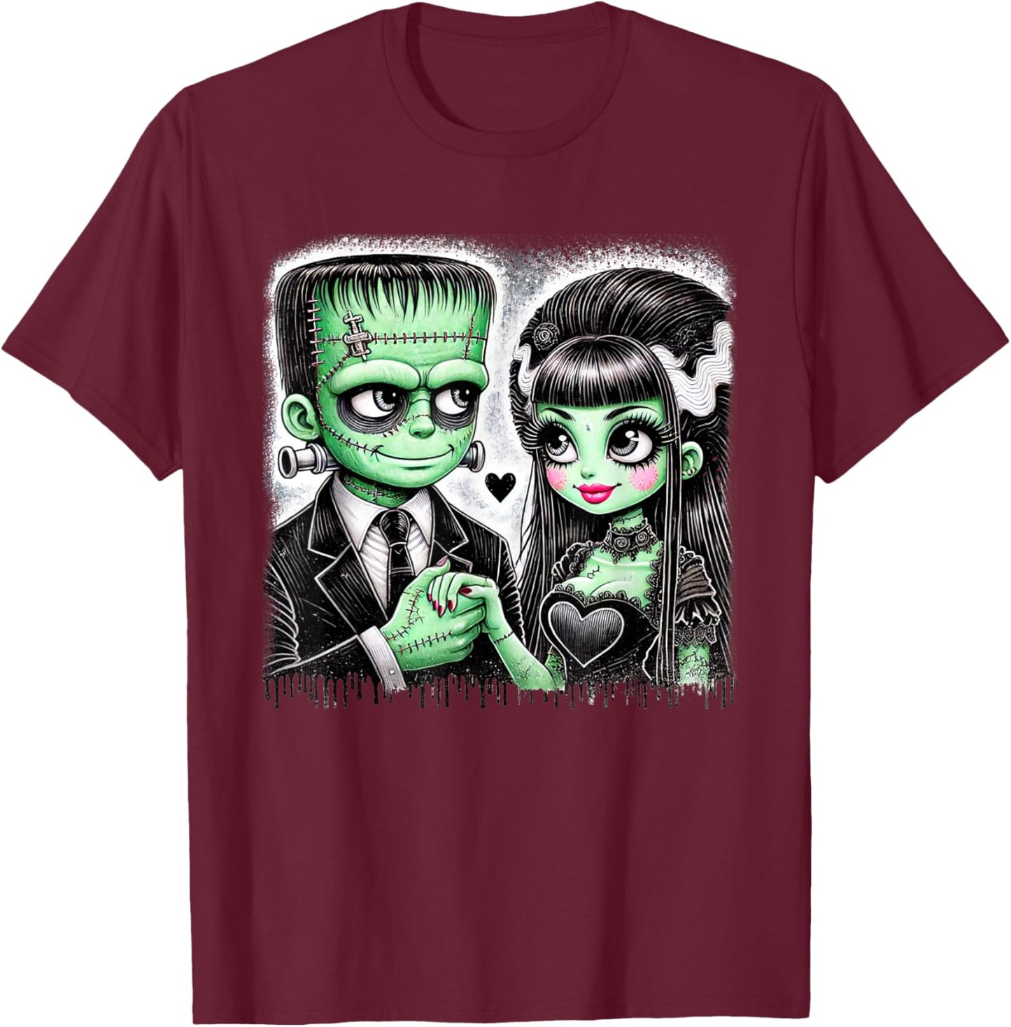 Halloween Lovers Frankenstein Skeleton Women Family T-Shirt - T-Shirt | Maroon
