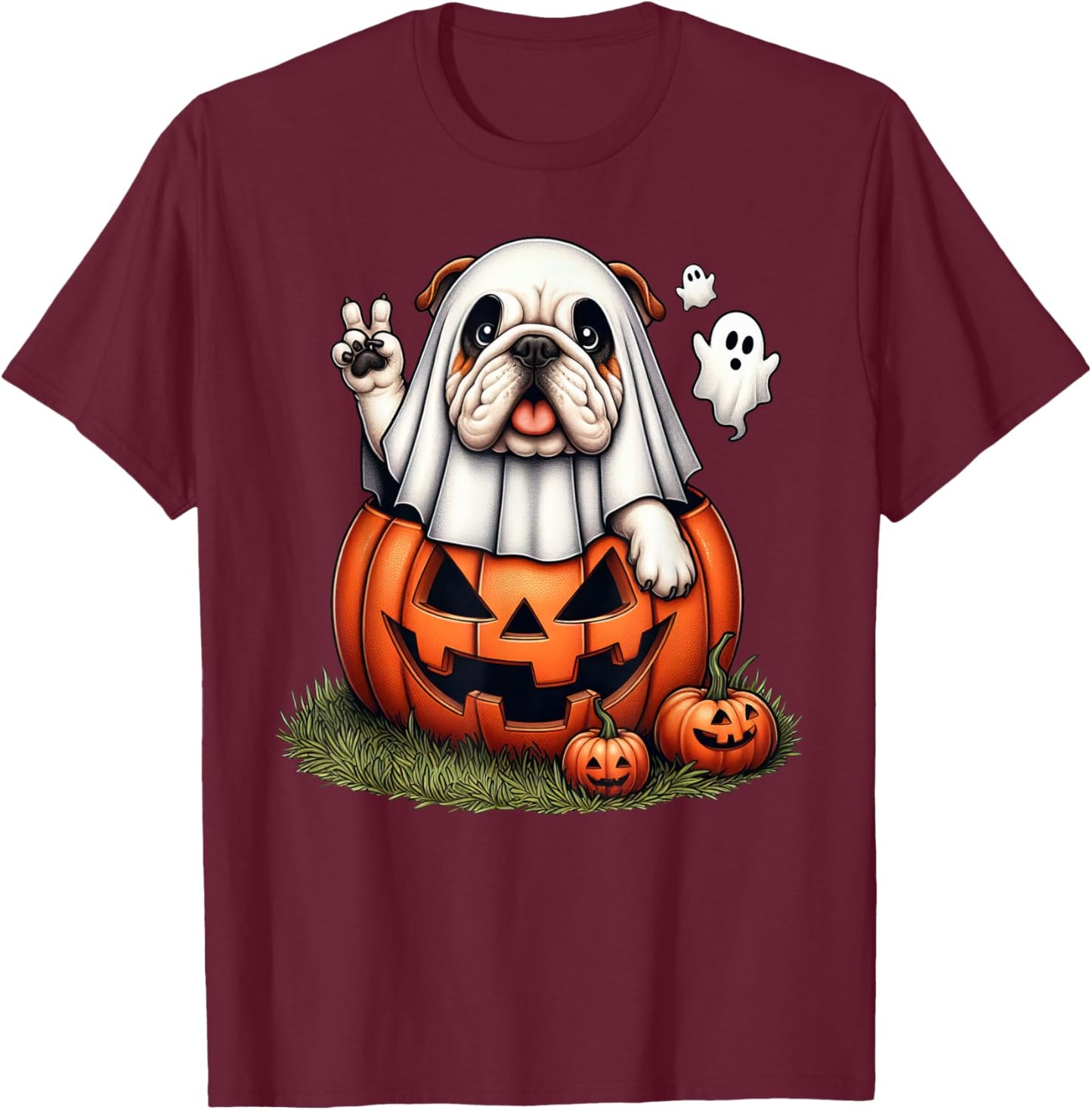 Funny English Bulldog Ghost Boo Halloween Kids T-Shirt - T-Shirt | Maroon