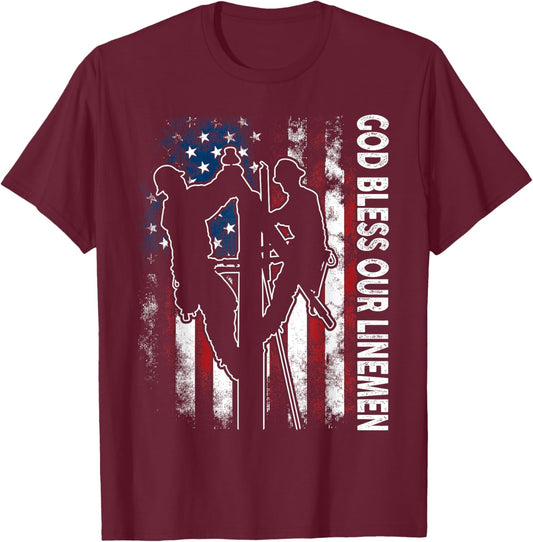 God Bless Our Linemen Cool American Lineman Flag T-Shirt - T-Shirt | Maroon