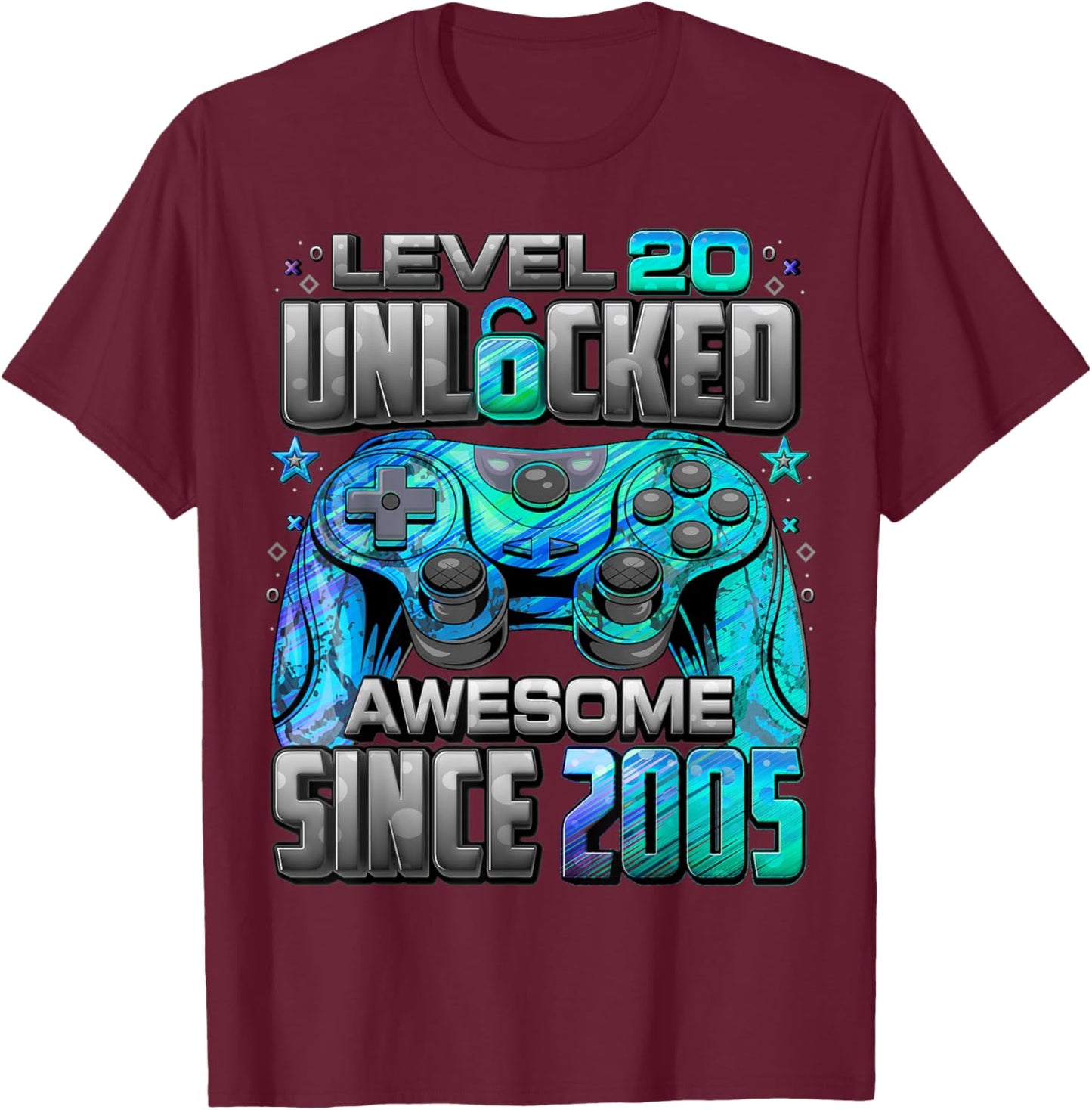 Level 20 Unlocked Awesome Since 2005 20th Birthday Gaming T-Shirt - T-Shirt | Maroon