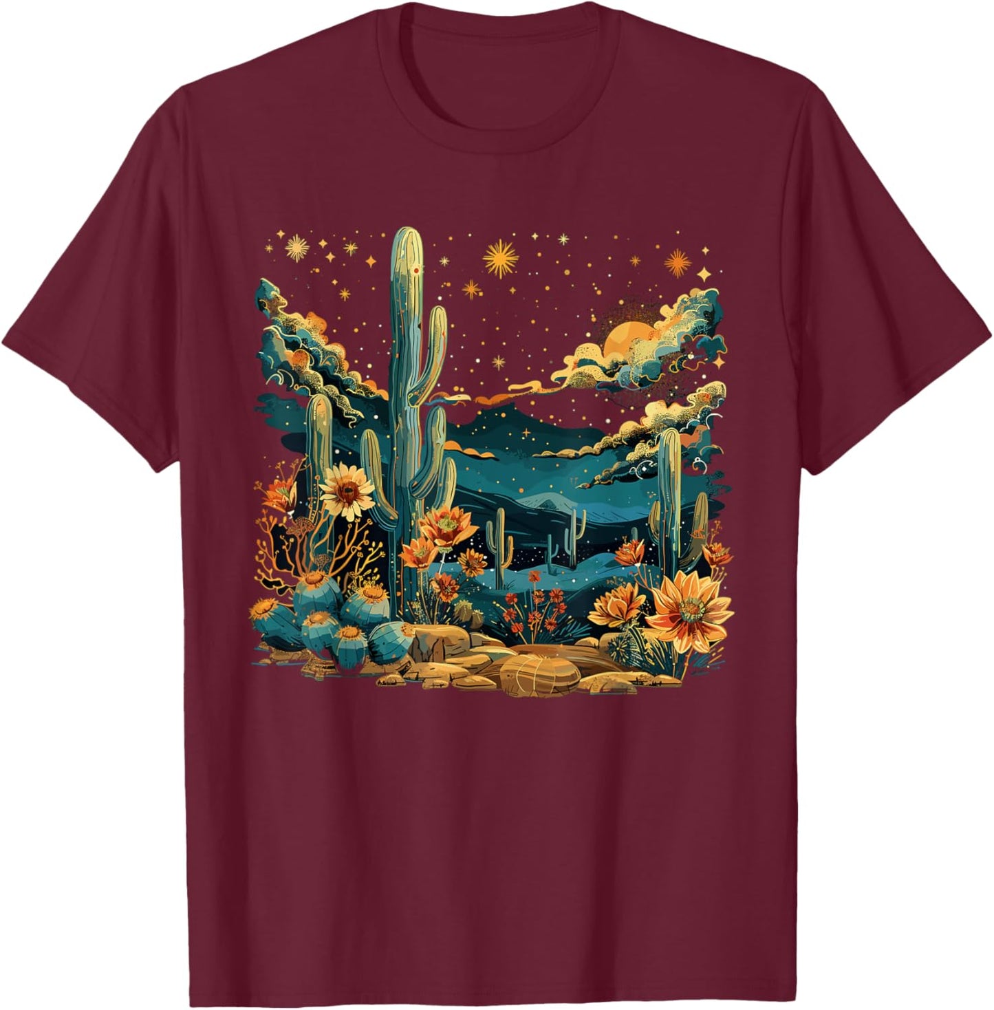 Saguaro Cactus Desert Art Moon Nature T-Shirt - T-Shirt | Maroon