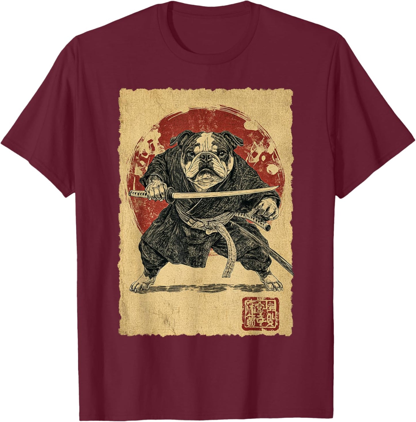 Funny Vintage Japanese Art Bulldog Ninja Samurai Warrior Men Women Girls Kids T-Shirt - T-Shirt | Maroon