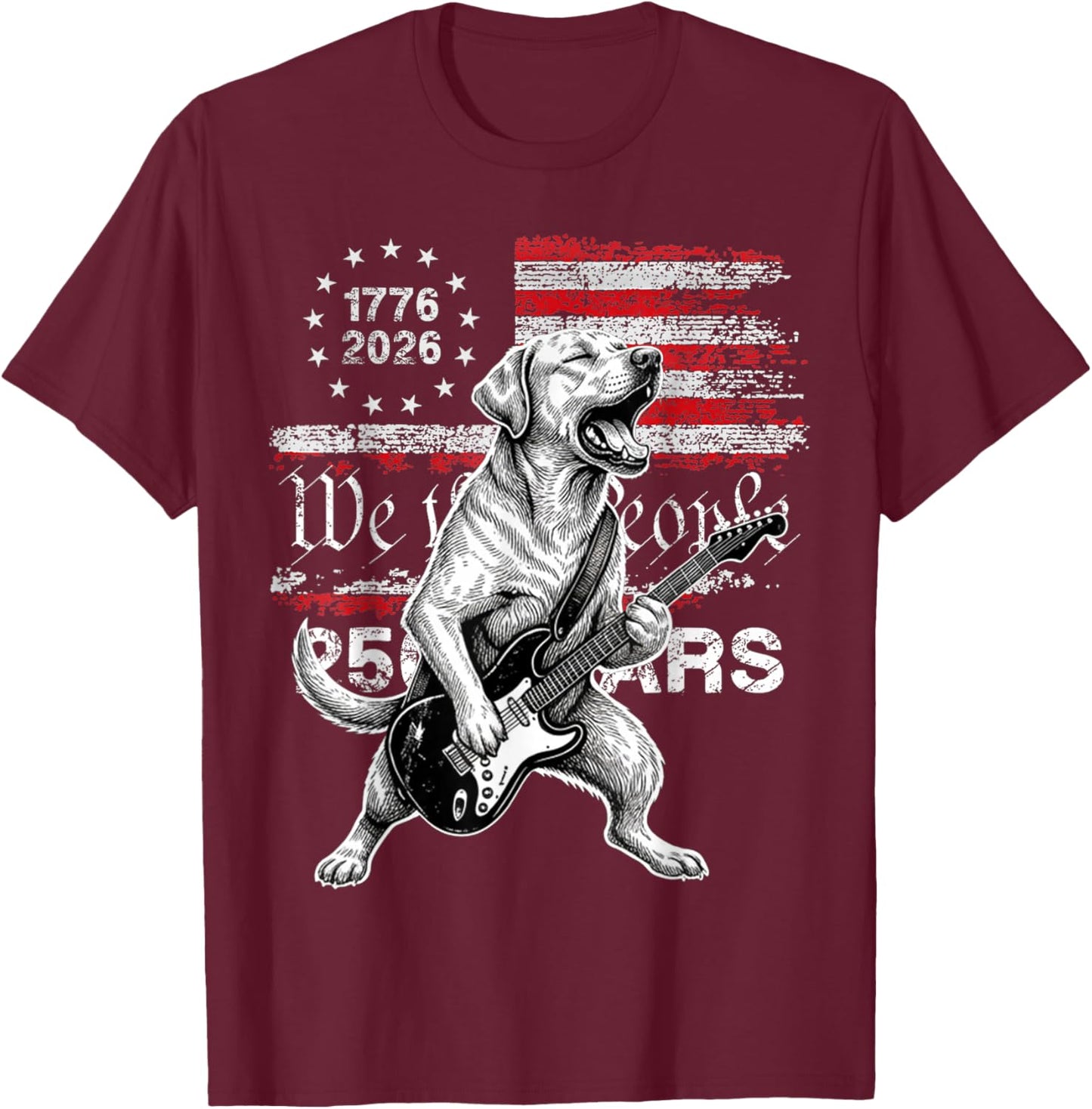 250 Years US Flag Labrador Playing Guitar - Funny Labrador T-Shirt - T-Shirt | Maroon