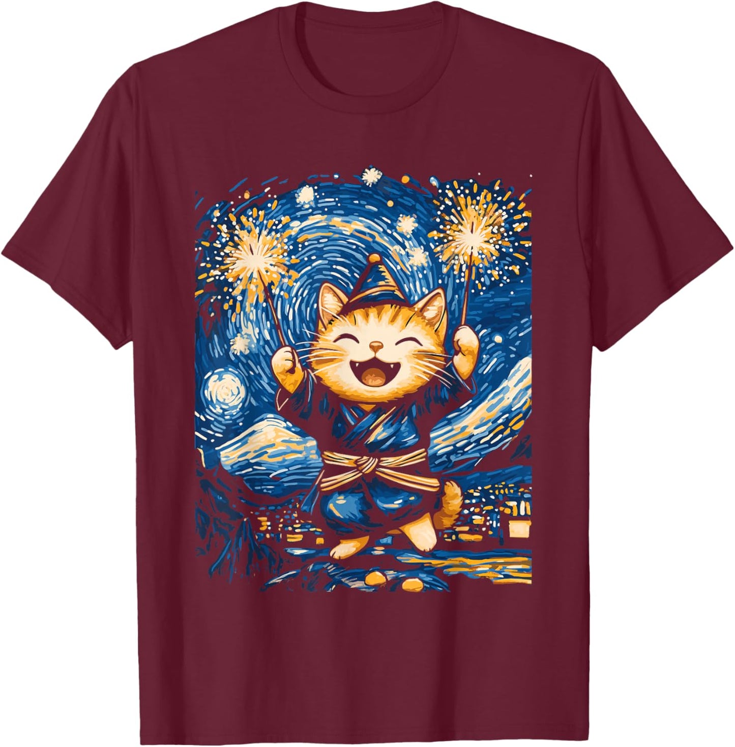 New Year Cat Starry Night Art for Cat Lovers T-Shirt - T-Shirt | Maroon