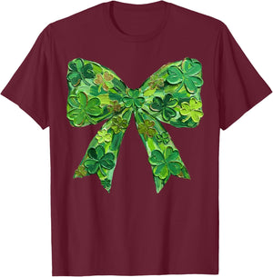 St Patrick Day Shamrock Coquette Bow Brushstroke Girl Women T-Shirt - T-Shirt | Maroon