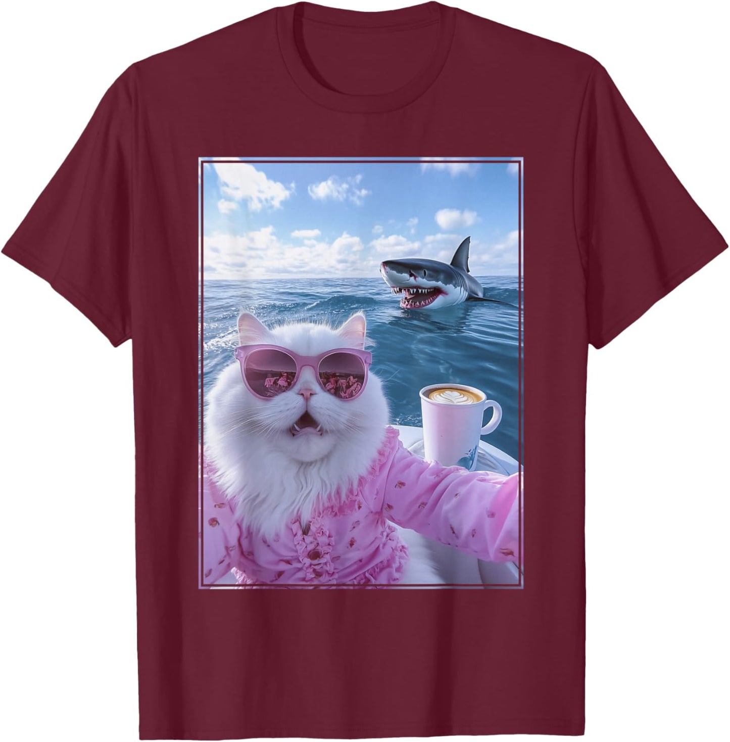 Meme Cat on Yacht Boat with Shark Behind T-Shirt - T-Shirt | Maroon