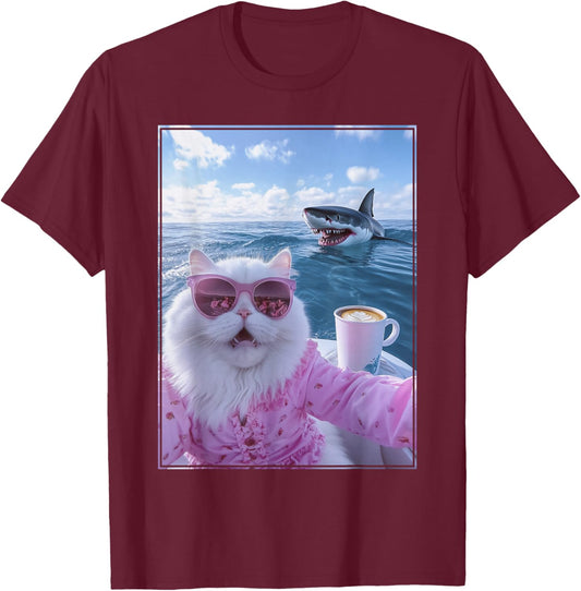 Meme Cat on Yacht Boat with Shark Behind T-Shirt - T-Shirt | Maroon