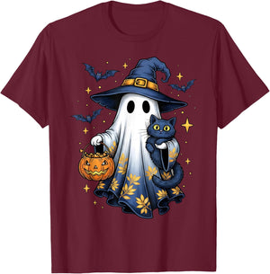 Halloween Ghost Witch Holding Black Cat Funny Halloween T-Shirt - T-Shirt | Maroon