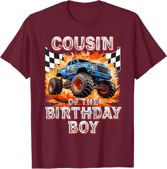 Cousin of the Birthday Boy Monster Truck Birthday T-Shirt - T-Shirt | Maroon