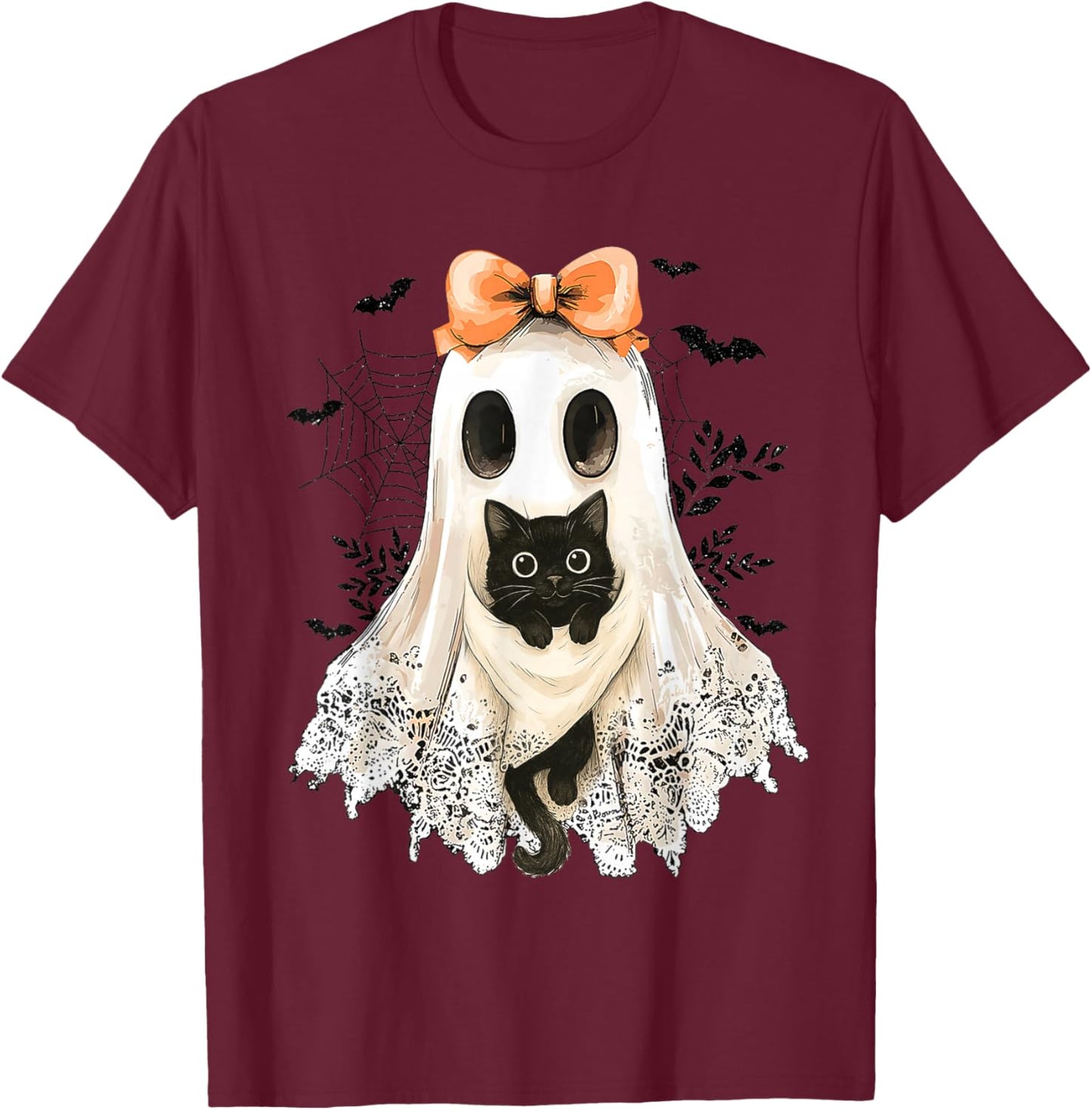 Retro Lace Ghost Coquette Black Cat Spooky Halloween Women T-Shirt - T-Shirt | Maroon