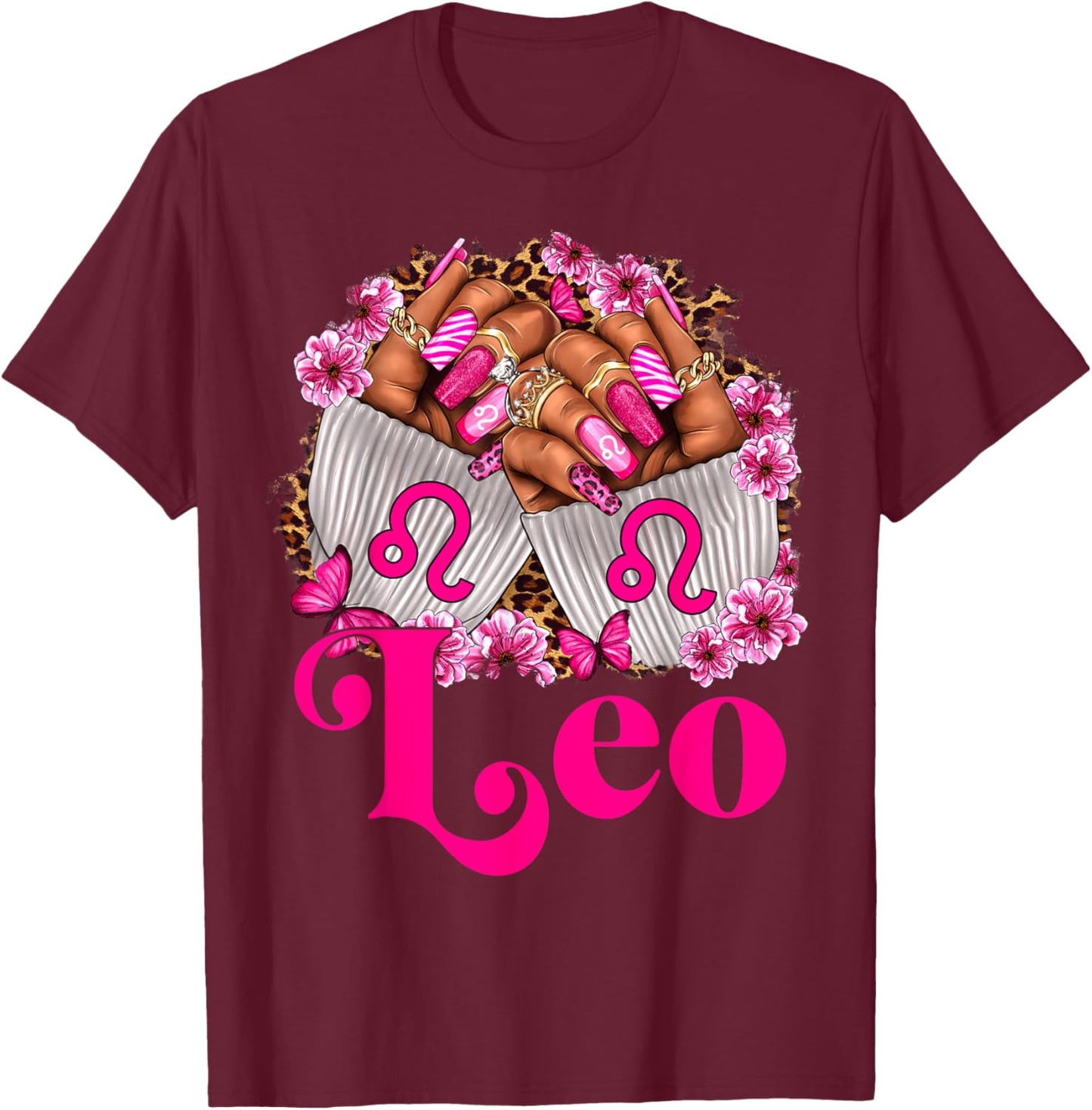 Black Women Floral Nails With Leopard Leo Queen T-Shirt - T-Shirt | Maroon