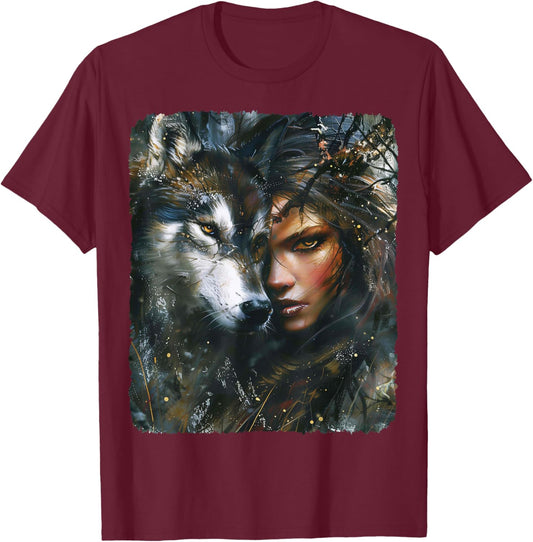 Beautiful Painting of a Woman with her Wolf T-Shirt - T-Shirt | Maroon