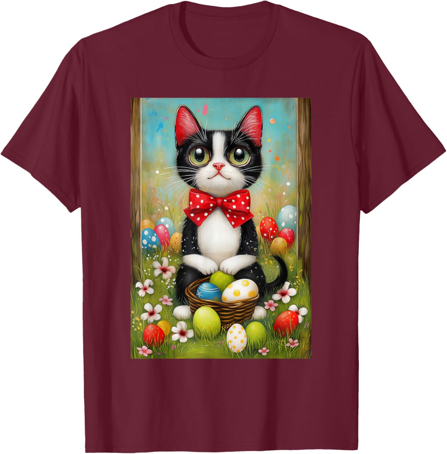 Tuxedo Cat Easter Shirt – Kitty with Basket of Easter Eggs T-Shirt - T-Shirt | Maroon