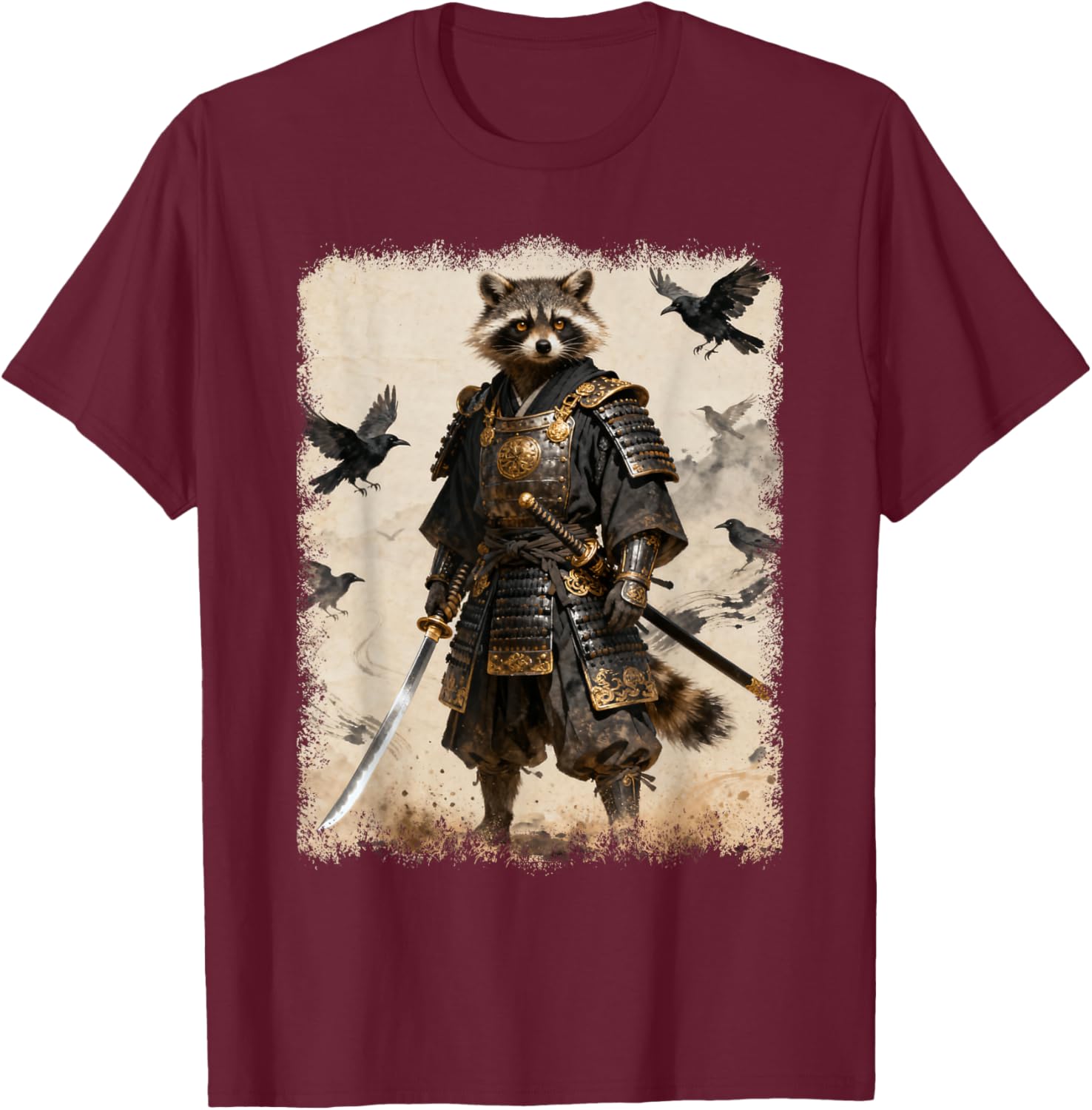 Samurai Raccoon, Anime Graphic , Japanese Warrior T-Shirt - T-Shirt | Maroon