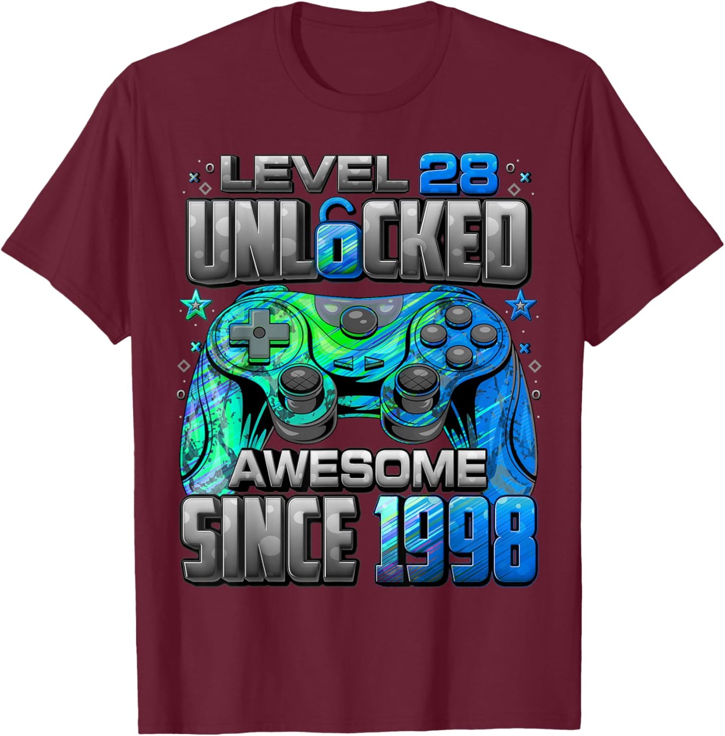 Level 28 Unlocked Awesome Since 1998 28th Birthday Gaming T-Shirt - T-Shirt | Maroon