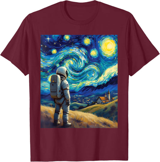 Van Gogh Inspired Cosmic Space Traveller Visionary Astronaut T-Shirt - T-Shirt | Maroon